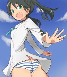 Rule 34 | 1girl, :d, aiueo, ass, cloud, day, fang, francesca lucchini, green eyes, green hair, looking at viewer, matching hair/eyes, open mouth, panties, sky, smile, solo, strike witches, striped clothes, striped panties, twintails, underwear, world witches series