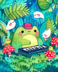 Rule 34 | animal focus, blush, closed mouth, ellie (twitter), fauna, fly agaric, frog, ghost, ghost tail, grass, hat, highres, instrument, leaf, mushroom, no humans, original, piano, plant, red headwear, red mushroom, tadpole, tadpole tail