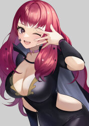Rule 34 | 1girl, black cape, bodysuit, breasts, cape, choker, cleavage, clothing cutout, commentary request, covered navel, dogansa, facial mark, fire emblem, fire emblem engage, hair ornament, highres, large breasts, long hair, looking at viewer, nintendo, one eye closed, open mouth, red eyes, red hair, side cutout, simple background, smile, solo, star (symbol), star facial mark, star hair ornament, yunaka (fire emblem)
