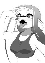 Rule 34 | 1boy, 1girl, blush, breasts, giant, giantess, greyscale, highres, inkling player character, medium breasts, monochrome, nintendo, open mouth, pero (pero7762), pointy ears, size difference, splatoon (series), sports bra, teeth, tentacle hair, tongue, tongue out, vore