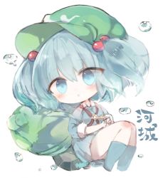 Rule 34 | 1girl, backpack, bag, blue eyes, blue hair, blue shirt, blue skirt, blush, cabbie hat, chibi, collared shirt, commentary request, full body, green hat, hair between eyes, hair bobbles, hair ornament, hat, kawashiro nitori, kotatu (akaki01aoki00), long sleeves, looking at viewer, no shoes, parted lips, pleated skirt, shirt, simple background, skirt, socks, solo, touhou, twintails, water drop, white background