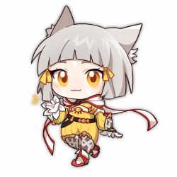 Rule 34 | 1girl, :3, animal ear fluff, animal ears, boots, chibi, closed mouth, commentary, facial mark, full body, gloves, grey hair, hair ribbon, hand up, jumpsuit, long sleeves, looking at viewer, luliko253, nia (xenoblade), notice lines, orange eyes, puffy long sleeves, puffy sleeves, red footwear, ribbon, short hair, simple background, sleeves past wrists, solo, white background, white gloves, xenoblade chronicles (series), xenoblade chronicles 2, yellow jumpsuit, yellow ribbon