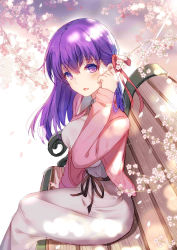 Rule 34 | 1girl, asymmetrical hair, bench, bison cangshu, blush, cardigan, cherry blossoms, collar, collared shirt, commentary request, dress, eyebrows, fate/stay night, fate (series), hair ribbon, hand in own hair, long hair, long skirt, long sleeves, looking at viewer, matou sakura, official alternate costume, open mouth, parted lips, purple eyes, purple hair, ribbon, shirt, sitting, skirt, solo, sunlight, tree, white dress