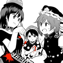 Rule 34 | 3girls, :3, buttons, chain, clothes writing, collar, doremy sweet, flying sweatdrops, hat, hecatia lapislazuli, juliet sleeves, kerchief, long sleeves, monochrome, multiple girls, nightcap, off-shoulder shirt, off shoulder, paintbrush, pom pom (clothes), puffy sleeves, red theme, rod of remorse, shiki eiki, shikushiku (amamori weekly), shirt, short hair, short sleeves, simple background, smile, spot color, sweat, touhou, vest, white background, wiping