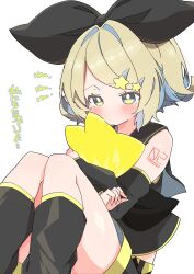 Rule 34 | 1girl, absurdres, arm tattoo, black bow, black footwear, blonde hair, blush, bow, colored inner hair, detached sleeves, hair bow, hair ornament, highres, holding, holding stuffed toy, kagamine rin, knees to chest, knees together feet apart, multicolored hair, no mouth, notice lines, solo, star (symbol), star hair ornament, streaked hair, stuffed toy, tattoo, thighs, translation request, uruti 2388, vocaloid