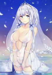 Rule 34 | 1girl, azur lane, bare shoulders, blue eyes, blue sky, blunt bangs, blush, breasts, bridal veil, cleavage, closed mouth, covered erect nipples, dress, elbow gloves, gloves, hair ornament, hairclip, horizon, illustrious (azur lane), illustrious (morning star of love and hope) (azur lane), irohara, large breasts, long hair, looking at viewer, low twintails, ocean, panties, petals, see-through, shiny skin, short dress, sky, sleeveless, sleeveless dress, smile, solo, sparkle, thighhighs, tiara, twintails, underwear, veil, wading, waist cape, water, wedding dress, wet, wet clothes, wet dress, white dress, white gloves, white hair, white panties, white thighhighs