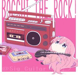 Rule 34 | &gt; &lt;, 1girl, animalization, blue eyes, bocchi the rock!, cassette player, cassette tape, chibi, closed mouth, copyright name, cube hair ornament, electric guitar, gibson les paul, gotoh hitori, gotoh hitori (octopus), gotoh hitori (tsuchinoko), guitar, hair between eyes, hair ornament, highres, instrument, jacket, long hair, long sleeves, lying, octopus, on back, one side up, pants, pink hair, pink jacket, pink pants, shigure (sigre), solo, track jacket, track pants, tsuchinoko, twitter username