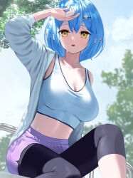 Rule 34 | 1girl, absurdres, blue hair, breasts, collarbone, crop top, dolphin shorts, elf, hair between eyes, hair ornament, hairclip, highres, hololive, jacket, large breasts, midriff, off shoulder, open mouth, pants, pointy ears, shade, short hair, shorts, sitting, solo, torjun 111, tree, virtual youtuber, yellow eyes, yoga pants, yukihana lamy