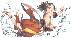 Rule 34 | 1girl, ainu clothes, animal ears, aquaplus, arm up, armband, ass, back, backless outfit, bare shoulders, black eyes, black hair, black tail, blush, breasts, cleavage, feet up, fingerless gloves, from behind, full body, gloves, gradient eyes, gradient hair, highres, hip vent, huge ass, kawata hisashi, long hair, looking at viewer, memuru, multicolored eyes, multicolored hair, nose, official art, open mouth, ponytail, raised eyebrows, shorts, sideboob, sidelocks, single sidelock, sleeveless, small breasts, solo, tail, teeth, toenails, toes, toned, toned female, tongue, transparent background, utawarerumono, utawarerumono: lost flag, water, wide-eyed