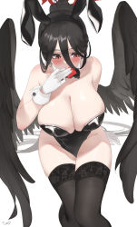 Rule 34 | 1girl, absurdres, alternate costume, animal ears, black bow, black bowtie, black hair, black leotard, black thighhighs, black wings, blue archive, blush, bow, bowtie, breasts, cleavage, condom, detached collar, fake animal ears, feathered wings, feet out of frame, gloves, groin, hair between eyes, hasumi (blue archive), highleg, highleg leotard, highres, holding, holding condom, huge breasts, invisible chair, leotard, playboy bunny, rabbit ears, red eyes, sitting, solo, thighhighs, tomid, white gloves, wings, wrist cuffs