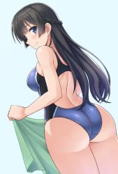 Rule 34 | 1girl, ass, backless outfit, black hair, blue eyes, blue one-piece swimsuit, blush, braid, breasts, closed mouth, commentary, competition swimsuit, hormone koijirou, large breasts, long hair, looking at viewer, looking back, nijisanji, one-piece swimsuit, smile, solo, swimsuit, towel, tsukino mito, virtual youtuber