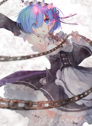 Rule 34 | 10s, 1girl, armpits, black dress, black ribbon, blue eyes, blue hair, bow, breasts, chain, cleavage, commentary, detached collar, detached sleeves, dress, eyes visible through hair, frilled dress, frilled sleeves, frills, from below, garter straps, glowing, glowing eye, hair between eyes, hair ornament, hand up, highres, holding, horns, light trail, looking at viewer, maid, maid headdress, medium breasts, open mouth, outstretched arm, purple ribbon, re:zero kara hajimeru isekai seikatsu, rem (re:zero), ribbon, short hair, single horn, solo, standing, tears, thighhighs, underbust, white background, white bow, white thighhighs, x hair ornament, zuzi sotusko