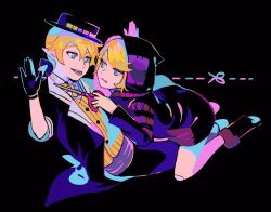Rule 34 | 1boy, 1girl, arms up, bent over, black background, black gloves, blade to throat, blonde hair, blue eyes, bow, bowtie, eye contact, eyebrows hidden by hair, gloves, hair between eyes, holding, holding scissors, kagamine len, kagamine rin, kneeling, lapels, long sleeves, looking at another, neon palette, notched lapels, nunosei, parted bangs, parted lips, patch, pointy ears, project diva (series), scissors, scissors (module), short sleeves, simple background, tokyo teddy bear (vocaloid), tongue, tongue out, tricker (module), vocaloid, waistcoat, yellow bow, yellow bowtie, yumekui shirokuro baku (vocaloid)