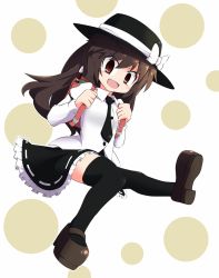 Rule 34 | 1girl, aho, backpack, bag, black thighhighs, brown eyes, brown hair, fang, female focus, flute, full body, hat, highres, instrument, long hair, mary janes, necktie, randoseru, recorder, red eyes, shoes, skirt, solo, thighhighs, touhou, usami renko, white background