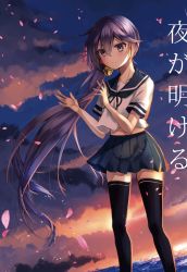 Rule 34 | 1girl, akebono (kancolle), bad id, bad pixiv id, bell, black thighhighs, blue sailor collar, blue skirt, cherry blossoms, commentary request, feet out of frame, flower, hair bell, hair flower, hair ornament, jingle bell, kantai collection, long hair, petals, pleated skirt, purple eyes, purple hair, purple sky, sailor collar, school uniform, serafuku, short sleeves, side ponytail, skirt, sky, solo, standing, sunrise, thighhighs, translation request, very long hair, yuihira asu