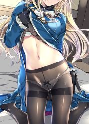 Rule 34 | 1girl, ascot, atago (kancolle), bad id, bad twitter id, beret, black gloves, black pantyhose, blonde hair, blue footwear, blue jacket, blush, bra, bra peek, breasts, clothes lift, commentary request, crotch seam, dated, eyes visible through hair, frilled sleeves, frills, gloves, hair between eyes, hand on own hip, hat, high heels, highres, indoors, jacket, jacket lift, kantai collection, kneeling, kobayashi chisato, large breasts, lifting own clothes, long hair, long skirt, looking at viewer, military, military uniform, no pants, on bed, open clothes, open skirt, panties, panties under pantyhose, pantyhose, ribbon-trimmed panties, rudder footwear, sidelocks, signature, skirt, unworn skirt, smile, solo, stomach, thighband pantyhose, underwear, uniform, white bra, white panties