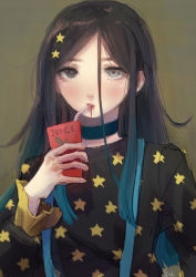 Rule 34 | 1girl, absurdres, black eyes, black hair, black shirt, blood, brown background, choker, commentary, commission, drinking, english commentary, gradient hair, grey eyes, hair ornament, heterochromia, highres, juice box, k1ruse, long bangs, long hair, long sleeves, looking at viewer, multicolored hair, original, shirt, simple background, solo, star-shaped pupils, star (symbol), star hair ornament, star print, symbol-shaped pupils, upper body
