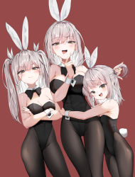 Rule 34 | 3girls, :d, absurdres, ahoge, bare shoulders, black legwear, black leotard, black neckwear, blush, bow, bowtie, breasts, brown background, brown eyes, cleavage, collar, commentary request, crossed arms, dduck kong, detached collar, grey hair, hair between eyes, hair ribbon, hand up, highres, hug, large breasts, leotard, long hair, medium breasts, multiple girls, open mouth, original, pantyhose, playboy bunny, rabbit tail, ribbon, simple background, small breasts, smile, strapless, strapless leotard, tail, teeth, tongue, tongue out, two side up, upper teeth only, v-shaped eyebrows, very long hair, white collar, white ribbon, wing collar, wrist cuffs