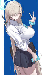 1girl absurdres asuna_(blue_archive) asuna_(school_uniform)_(blue_archive) bad_id bad_pixiv_id black_skirt blue_archive blue_bow blue_bowtie blue_scrunchie bow bowtie breasts brown_hair button_gap cleavage closed_eyes commentary_request facing_viewer from_side hair_over_one_eye hand_up highres holding holding_phone large_breasts long_hair miniskirt mushioicharax phone pillarboxed pleated_skirt school_uniform scrunchie shirt skirt sleeves_rolled_up smile solo thighs very_long_hair w white_shirt wrist_scrunchie