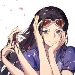 Rule 34 | 1girl, black hair, blue eyes, extra arms, eyewear on head, facing viewer, glasses, hair slicked back, hana hana no mi, hands in own hair, hands on own face, highres, jyukawa, nico robin, one piece, petals, pink petals, portrait, purple shirt, shirt, simple background, solo, sunglasses, white background