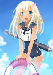 Rule 34 | 10s, 1girl, bad id, bad pixiv id, blonde hair, blue eyes, crop top, flower, hair flower, hair ornament, highres, kantai collection, lifebuoy, long hair, ro-500 (kancolle), sailor collar, school swimsuit, swim ring, swimsuit, swimsuit under clothes, tan, tanline, torpedo, umitonakai