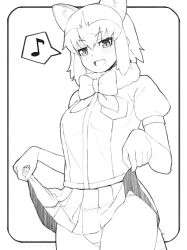 Rule 34 | 1girl, :d, animal ear fluff, animal ears, bow, bowtie, clothes lift, commentary, common raccoon (kemono friends), cowboy shot, deku suke, extra ears, fur collar, greyscale, hair between eyes, highres, kemono friends, lifting own clothes, looking at viewer, monochrome, musical note, open mouth, panties, pleated skirt, puffy short sleeves, puffy sleeves, raccoon ears, raccoon girl, short hair, short sleeves, simple background, skirt, skirt lift, smile, solo, spoken musical note, tail, underwear
