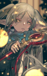 Rule 34 | 1girl, absurdres, blue scarf, blurry, buttons, depth of field, double-breasted, earrings, elf, eyelashes, frieren, glowing, glowing eyes, grey hair, grey jacket, hair over one eye, hair strand, hand up, highres, holding, holding staff, jacket, jewelry, light particles, long hair, long sleeves, looking at viewer, pointy ears, red ribbon, ribbon, rio (lamaran), scarf, snowing, solo, sousou no frieren, staff, twintails, upper body, yellow eyes