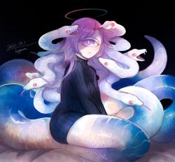 Rule 34 | 1girl, black background, black sweater, cyclops, fangs, fangs out, forked tongue, halo, highres, hogara, lamia, looking at viewer, monster girl, one-eyed, original, purple eyes, purple hair, scales, signature, sitting, slit pupils, snake, snake hair, snake tail, sweater, symbol-shaped pupils, tail, tongue