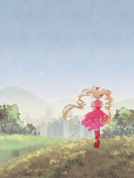 Rule 34 | 1girl, aisaki emiru, aoi tete, artist logo, blonde hair, blue sky, boots, cityscape, clear sky, cure macherie, day, dress, drill hair, earrings, facing away, from behind, grass, highres, hugtto! precure, jewelry, knee boots, layered dress, long hair, magical girl, medium dress, outdoors, pink dress, pom pom (clothes), pom pom earrings, precure, puffy short sleeves, puffy sleeves, red footwear, short sleeves, sky, solo, standing, twin drills, twintails, wind