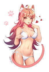 Rule 34 | 1girl, ahoge, animal ears, bikini, breasts, cat ears, cat tail, cleavage, dermiss, finger to tongue, gluteal fold, heart, long hair, looking at viewer, medium breasts, navel, original, paw pose, paw print, pink eyes, pink hair, side-tie bikini bottom, simple background, solo, swimsuit, tail, tongue, tongue out, twitter username, white background, white bikini