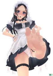 Rule 34 | &gt;:o, 1girl, angry, apron, bare legs, barefoot, black choker, black dress, black hair, black ribbon, blue eyes, breasts, bridal garter, buttons, cameltoe, center frills, choker, cleavage, collarbone, commentary request, dress, eyelashes, feet, foot focus, frilled legwear, frills, from below, hands on own hips, highres, leg up, legs, long hair, looking at viewer, maid, maid apron, maid headdress, medium breasts, murakami suigun, no shoes, non-web source, open mouth, original, panties, pantyshot, pleated dress, puffy short sleeves, puffy sleeves, ribbon, ribbon choker, short dress, short sleeves, simple background, soles, solo, standing, standing on one leg, thigh strap, thighs, toes, underwear, upper body, upskirt, v-shaped eyebrows, white apron, white background, white panties, wrist cuffs