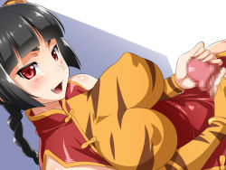 Rule 34 | 10s, 1boy, 1girl, animal ears, animal print, bad id, bad pixiv id, black hair, blush, breasts, bridal gauntlets, censored, china dress, chinese clothes, dress, etotama, fang, gradient background, large breasts, long hair, maeda r44, open mouth, penis, red eyes, shima-tan, smile, tiger print, twintails