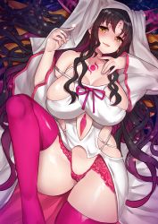 Rule 34 | 10s, 1girl, bare shoulders, black hair, blush, breasts, cleavage, collarbone, detached sleeves, earrings, facial mark, fate/extra, fate/extra ccc, fate (series), forehead mark, horns, jewelry, large breasts, long hair, long sleeves, looking at viewer, lying, on back, osiimi, panties, parted lips, pink panties, pink thighhighs, sessyoin kiara, sidelocks, smile, solo, tattoo, thighhighs, underwear, veil, very long hair, wavy hair, wide sleeves, yellow eyes