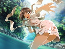 Rule 34 | 00s, 1girl, ass, bent over, blush, breasts, brown eyes, brown hair, dress, dutch angle, forest, from behind, game cg, green green, iino chigusa, jacket, jewelry, large breasts, legs, looking at viewer, looking back, nature, necklace, nurse, open mouth, outdoors, river, rock, scarf, short dress, short hair, skirt, smile, solo, standing, teacher, thighs, tree, wading, water, wink