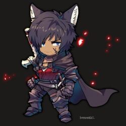 Rule 34 | 1boy, animal ears, black cape, black hair, black pants, blue eyes, boots, cape, chibi, clenched hands, clive rosfield, collarbone, commentary, commission, english commentary, final fantasy, final fantasy xvi, full body, grey background, kemonomimi mode, kotorai, male focus, no nose, pants, pectoral cleavage, pectorals, red shirt, scar, scar on face, shirt, short hair, signature, skeb commission, solo, sparse stubble, sword, weapon, weapon on back, wolf ears
