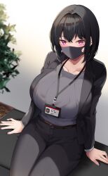 Rule 34 | 1girl, absurdres, arms at sides, belt, belt buckle, black hair, black jacket, black pants, blazer, blue shirt, blush, breasts, brown belt, buckle, covered mouth, hair intakes, highres, huge breasts, id card, indoors, jacket, lanyard, legs together, long sleeves, looking at viewer, masaki nanaya, mask, mouth mask, office lady, open clothes, open jacket, original, pants, pink eyes, plant, shirt, shirt tucked in, short hair, sitting, solo
