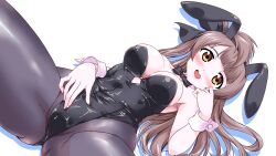 Rule 34 | 1girl, animal ears, bare shoulders, black bow, black bowtie, black leotard, black pantyhose, bow, bowtie, breasts, brown eyes, brown hair, cleavage, commentary request, detached collar, hair bow, highres, leotard, long hair, looking at viewer, love live!, lying, medium breasts, minami kotori, one side up, open mouth, pantyhose, playboy bunny, rabbit ears, round teeth, simple background, solo, spread legs, strapless, strapless leotard, teeth, upper teeth only, white background, wrist cuffs, yukimura hajime
