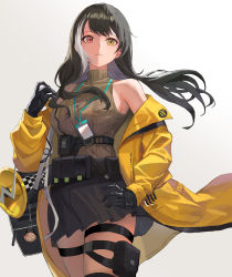 Rule 34 | 1girl, bag, black gloves, black hair, black skirt, breasts, charm (object), closed mouth, girls&#039; frontline, gloves, grey background, hand on own hip, heterochromia, highres, id card, jacket, lanyard, large breasts, long hair, megaphone, mod3 (girls&#039; frontline), multicolored hair, off shoulder, pouch, red eyes, ro635 (girls&#039; frontline), ro635 (mod3) (girls&#039; frontline), shoulder bag, simple background, skirt, sl86, sleeveless, sleeveless sweater, solo, streaked hair, sweater, thigh strap, turtleneck, turtleneck sweater, white hair, yellow eyes, yellow jacket