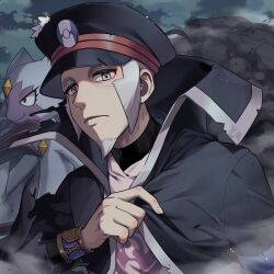 Rule 34 | 1boy, black coat, black headwear, claws, closed mouth, coat, creatures (company), facial hair, fang, forehead jewel, game freak, goatee, grey eyes, grey hair, hat, high collar, highres, ingo (pokemon), laming you, long sideburns, long sleeves, male focus, nintendo, peaked cap, pearl clan outfit, pokemon, pokemon (creature), pokemon legends: arceus, red eyes, short hair, sideburns, sneasler, trench coat
