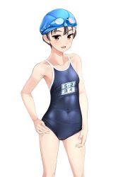 Rule 34 | 1girl, absurdres, black hair, blue headwear, blue one-piece swimsuit, blue sky, brown eyes, commentary request, competition school swimsuit, covered navel, feet out of frame, goggles, goggles on head, hand on own hip, highres, name tag, one-piece swimsuit, original, school swimsuit, short hair, simple background, sky, solo, standing, swim cap, swimsuit, takafumi, tomboy, variant set, white background