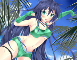 Rule 34 | 1girl, akairo no mako, aqua eyes, arm up, bare shoulders, blue hair, blush, borrowed character, breasts, cleavage, cloud, day, covered erect nipples, gloves, green gloves, highres, large breasts, long hair, looking at viewer, navel, open mouth, original, short shorts, shorts, sideboob, sky, solo, sports bra, thigh strap, underboob, very long hair