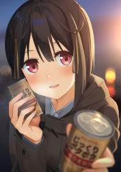Rule 34 | 1girl, absurdres, apollo (hu maple), blurry, blurry background, blurry foreground, blush, bokeh, breath, brown hair, can, coat, commentary request, depth of field, drink, duffel coat, foreshortening, giving, highres, incoming drink, long sleeves, looking at viewer, original, pink eyes, pov, reaching, reaching towards viewer, short hair, solo