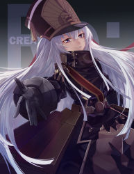 Rule 34 | 10s, 1girl, absurdres, altair (re:creators), bad id, bad pixiv id, copyright name, hat, highres, looking at viewer, military, military uniform, outstretched hand, re:creators, red eyes, sash, shako cap, uniform, white hair