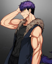 Rule 34 | 1boy, bad id, bad twitter id, bara, biceps, ear piercing, grey background, highres, jacket, long sideburns, looking at viewer, male focus, manly, muscular, muscular male, ninetyyou, original, pectorals, piercing, purple hair, scar, scar on face, sideburns, slit pupils, smile, solo, tail, tank top, thick arms, tusks