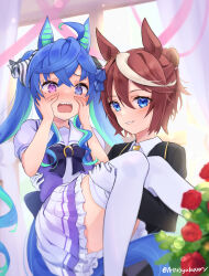 Rule 34 | 2girls, @ @, absurdres, ahoge, animal ears, aqua hair, blue eyes, blue hair, blush, bow, brown hair, carrying, commentary request, crossed bangs, ear ornament, embarrassed, flower, formal, gloves, hair bow, hands on own cheeks, hands on own face, heterochromia, highres, horse ears, horse girl, horse tail, indoors, jacket, long hair, long sleeves, medium hair, multicolored hair, multiple girls, nose blush, official alternate costume, open mouth, parted lips, peteron, petticoat, pleated skirt, princess carry, puffy short sleeves, puffy sleeves, purple eyes, purple shirt, raised eyebrows, red flower, red rose, rose, sailor collar, school uniform, sharp teeth, shirt, short sleeves, sidelocks, skirt, streaked hair, striped, striped bow, suit, suit jacket, tail, teeth, thighhighs, tokai teio (umamusume), tokai teio (waltz of hiwing) (umamusume), tracen school uniform, twin turbo (umamusume), twintails, twitter username, two-tone hair, umamusume, upper teeth only, white gloves, white sailor collar, white skirt, white thighhighs