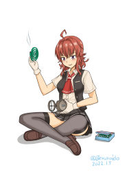 Rule 34 | ahoge, arashi (kancolle), black skirt, black thighhighs, black vest, dress shirt, full body, geru, gloves, indian style, kantai collection, messy hair, mosquito coil, neckerchief, one-hour drawing challenge, pleated skirt, red eyes, red hair, red neckerchief, shirt, simple background, sitting, skirt, solo, thighhighs, vest, white background, white gloves, white shirt