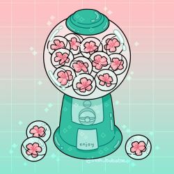 Rule 34 | aqua background, cherry blossoms, emily kim, flower, gacha, gradient background, grid background, gumball machine, instagram username, no humans, object focus, original, pink background, pink flower, simple background, source request, sparkle, third-party source