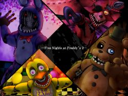 Rule 34 | balloon, blue eyes, bonnie (fnaf), checkered floor, chica, commentary request, copyright name, five nights at freddy&#039;s, five nights at freddy&#039;s 2, foxy (fnaf), freddy fazbear, hallway, highres, indoors, looking at viewer, purple eyes, teeth, yakou (pixiv10740516), yellow eyes
