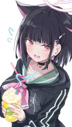 Rule 34 | 1girl, animal ears, black choker, black sweater, blue archive, blush, cat ears, cat girl, choker, collarbone, commentary request, crazy straw, cup, drinking straw, dutch angle, green sailor collar, hair ornament, hairclip, halo, heart straw, highres, holding, holding cup, kazusa (blue archive), long sleeves, neckerchief, open mouth, pendant choker, pink eyes, pink halo, pink neckerchief, puffy long sleeves, puffy sleeves, sailor collar, shared straw, shin murasame, short hair, sidelocks, simple background, solo, sweater, wavy mouth, white background
