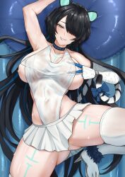 Rule 34 | 1girl, absurdres, animal ears, arm up, armpits, ass, bikini, black choker, black hair, blue bow, blue eyes, blue hair, blush, body markings, bow, breasts, choker, commission, covered navel, erina makina, grin, hair over one eye, hand on own chest, highres, inflatable raft, large breasts, long hair, lying, mchiefy, mechanical arms, micro bikini, microskirt, multicolored hair, on back, one-piece swimsuit, one-piece thong, phase connect, pillow, pleated skirt, revealing clothes, see-through, sideless outfit, single mechanical arm, skirt, smile, solo, spread legs, streaked hair, sweat, swimsuit, tail, tail bow, tail ornament, thighhighs, thighs, tiger ears, tiger girl, tiger tail, very long hair, virtual youtuber, white bikini, white one-piece swimsuit, white skirt, white thighhighs